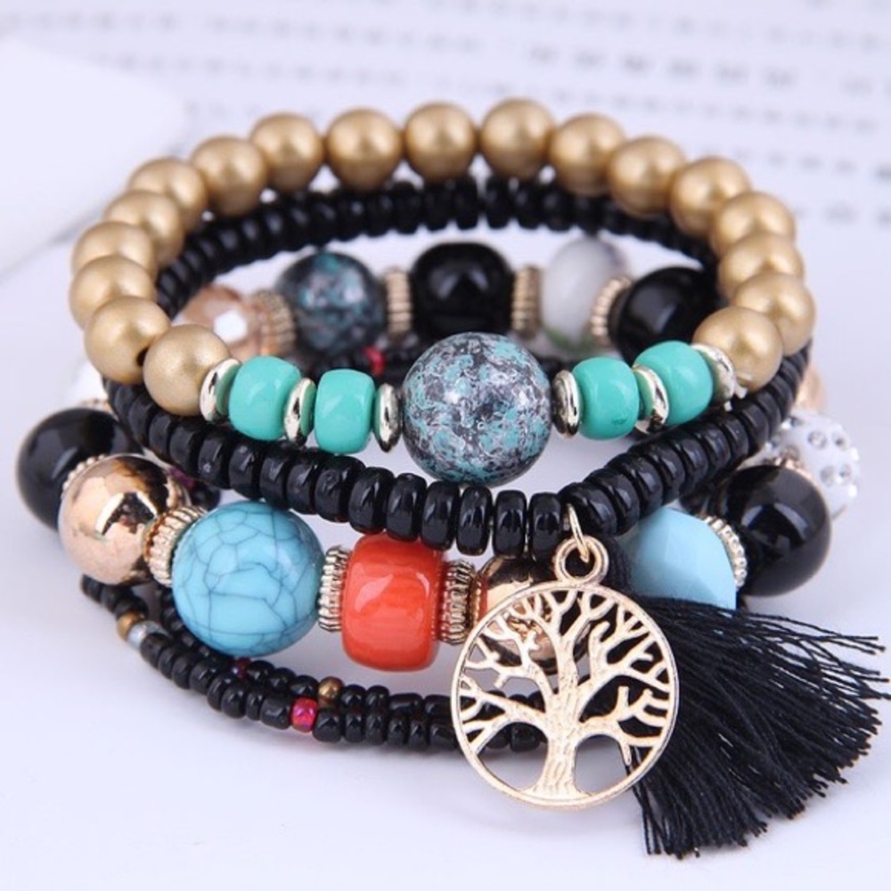 Black White or Blue Tree of Life Tassel Stretch Bracelets - Picture 2 of 4
